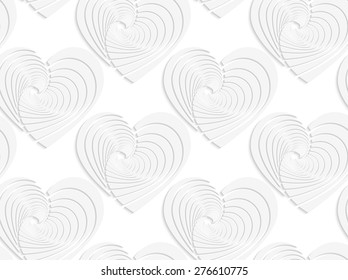 White paper background. Seamless patter with cut out paper effect. Realistic shadow creates 3D modern texture.Paper white textured hearts.