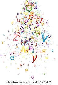 White paper background with waterfall of color letters. Vector illustration.