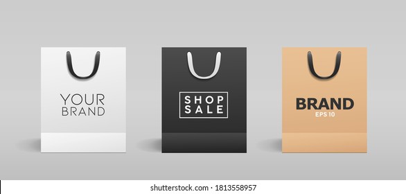 White paper bag, balck paper bag, brown paper bag, with black and white cloth handle collections design, template on gray background, Eps 10 vector illustration