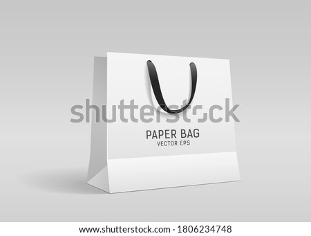 White paper bag, with black cloth handle design, template on gray background Eps 10 vector illustration