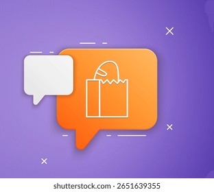 Saco de papel branco com ícone de pão de pão isolado no fundo roxo. Símbolo laranja de balão de fala. Vetor