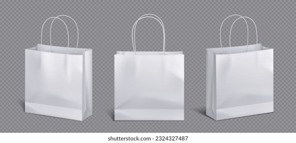 White paper bag and cord handle vector mockup. Shopping package mock up to carry purchase front angle view icon merchandising design collection. 3d retail reusable branding merchandise illustration