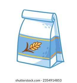 White paper bag with flour on a white background. Vector illustration on the theme of kitchen, bakery in cartoon style.
