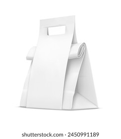 White paper bag with handle for fast food delivery. Takeaway packaging to go. Isolated on white background. Realistic object blank label branding design. Vector illustration.