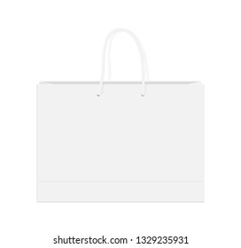 White Paper Bag with Handle Vector. Realistic Paper Bag , medium size. White, clear, blank, isolated Paper Bag mock up on white background with perspective view, 3D presentation 