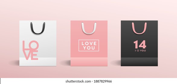 White paper bag, Pink paper bag, Black paper bag, with colorful cloth handle collections valentine's concept design, template background, Eps 10 vector illustration