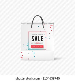 White paper bag with Sale offer. Empty bag with advertising sales. Vector illustration isolated on white background