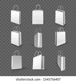 White paper bag for shopping isolated on transparent. Set of isometric realistic white bag for shopping or retail, gift package, retail pack with handle. Woman or women fashion cardboard container