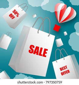 White paper bags with sale labels flying out of flying balloon in shape of heart against blue sky background with clouds. Sale, Shopping, Fashion, Best Offer, Business, Valentine's Day. Mock up 