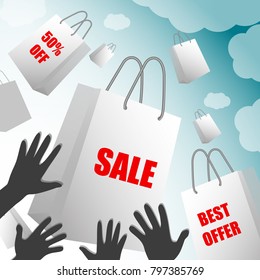 White paper bags with sales labels falling into the hands of buyers on blue sky background with clouds. Sale, Best Offer, Shopping,, Business, Valentine's Day, Black Friday. Mockup for design