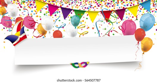 White paper banner with balloons, confetti and jesters cap. Eps 10 vector file.