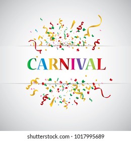 White paper banner for Carnival with colorful balloons and confetti on the white background.