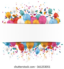 White paper banner, colored balloons and colored confetti.  Eps 10 vector file.