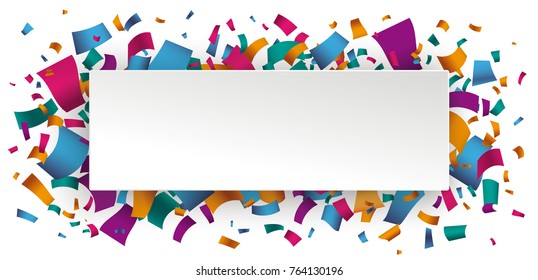 White paper banner with colored confetti confetti on the white background. Eps 10 vector file.