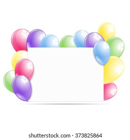 White paper banner with colorful balloons. Vector illustration.