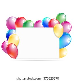 White paper banner with colorful balloons. Vector illustration.
