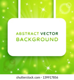 White paper banner cutout  on abstract magic light background. Vector illustration for your majestic design. Element for web design and advertise. Green summer explosion wallpaper. Decoration ecology.