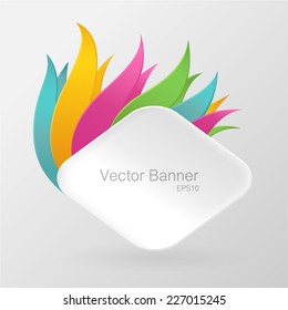 White paper banner decorated with color ribbons. Banner with Space For Text. Isolated on a gray background. Abstract shape. Vector illustration.