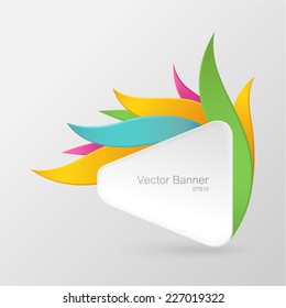 White paper banner decorated with color ribbons. Banner with Space For Text. Isolated on a gray background. Abstract shape. Vector illustration.