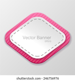 White paper banner. Decorated with pink frame. Isolated on a gray background. With space for text. Vector illustration.
