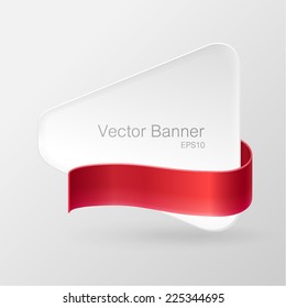 White paper banner decorated with red ribbon. Isolated on gray background. With Space For Text. Vector illustration.