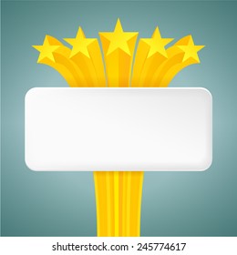 White paper banner decorated with stars. Isolated on a turquoise background. With space for text. Vector illustration.