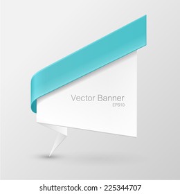 White paper banner decorated with turquoise ribbon. Isolated on gray background. With Space For Text. Vector illustration.