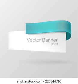 White paper banner decorated with turquoise ribbon. Isolated on gray background. With Space For Text. Vector illustration.