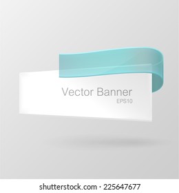 White paper banner decorated with turquoise ribbon. Isolated on gray background. With Space For Text. Vector illustration.