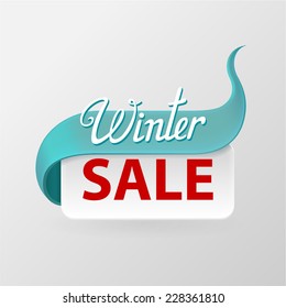 White paper banner decorated with turquoise ribbon. Inscription Winter sale. With space for text. Vector illustration.