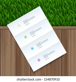 White paper banner on wooden background and green grass - Vector illustration
