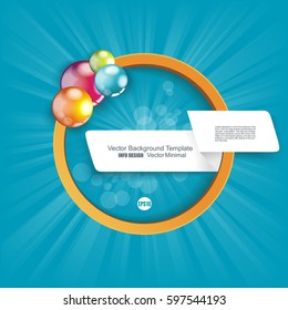 White paper banner and orange circle with bright spheres on a blue background.