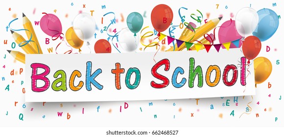 White paper banner with pencils, bunting, balloons, letters and text Back to School. Eps 10 vector file.
