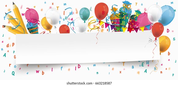White paper banner with pencils, bunting, balloons and letters. Eps 10 vector file.