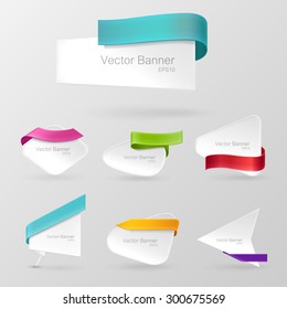 White paper banner set. Decorated with color ribbons. Isolated on a gray background. With space for text. Vector illustration.