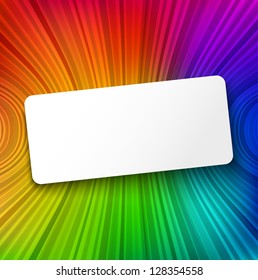 White paper banner with shadow on colorful striped background. Vector illustration