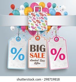 White paper banner, shopping bag, price stickers and colored balloons.  Eps 10 vector file.