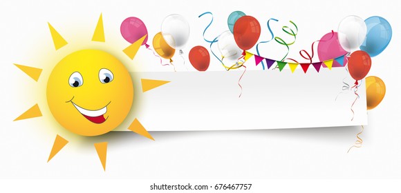 White paper banner with sun face, bunting, balloons and paper streamer. Eps 10 vector file.