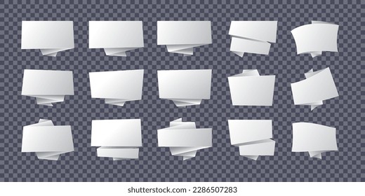 White paper banners. Folded abstract horizontal banner with ribbons, origami geometric symbols for design presentation, trendy blank signs. Vector set. Different labels or messages