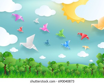 White Paper Of Bird Flying Concept . Color Paper Bird Fly On Blue Sky , Sun , Grass And Cloud. Vector Paper Art Style