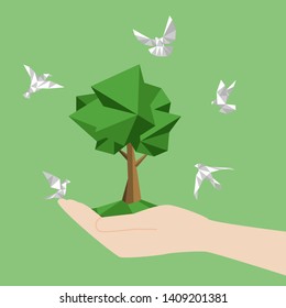 White Paper Birds Fly Around Hand Hold Land And Tree, Paperless Concept Go Green, Save The Planet. Low Polygonal Style Flat Vector.