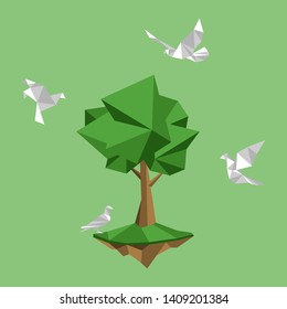 White Paper Birds Fly Around Land And Tree, Paperless Concept Go Green, Save The Planet. Low Polygonal Style Flat Vector.