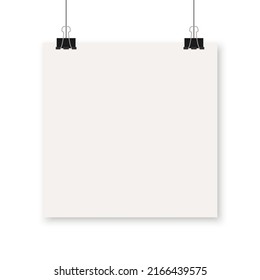 White paper blank. Image vector white poster hanging on binder. Grey wall with mock up empty paper blank. Layout mockup. Vertical template sheet.