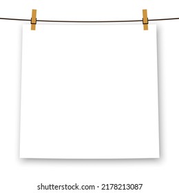 White paper blank. Image vector white poster hanging on binder. Grey wall with mock up empty paper blank. Layout mockup. Vertical template sheet.