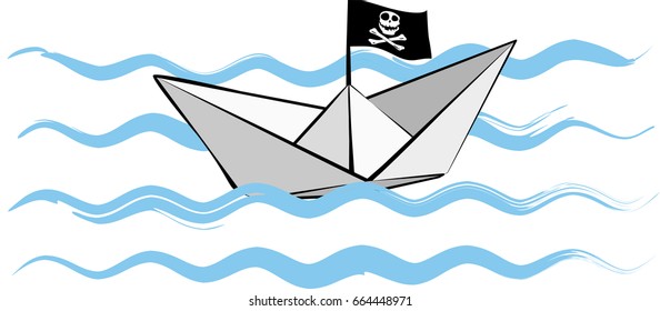 white paper boat with black pirate flag on blue waves vector