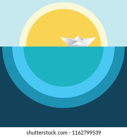 White paper boat traveling the sea, minimalist illustration