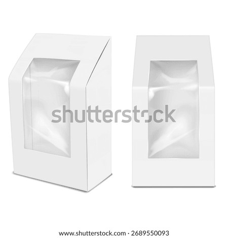 White paper box with clear plastic window to display product. Realistic vector mockup. Transparent PVC front empty paperboard container. 3d mock-up. Carton packaging. Easy editable template for design