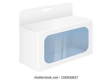 White paper box mockup with display window and hanger. Vector 3d illustration isolated on white background