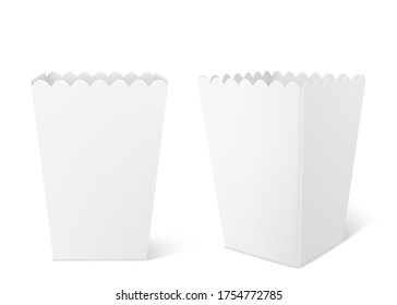 White paper box for popcorn isolated on background. Vector realistic mock up of empty bucket for pop corn, blank square pack for chicken, potato and snack in cinema