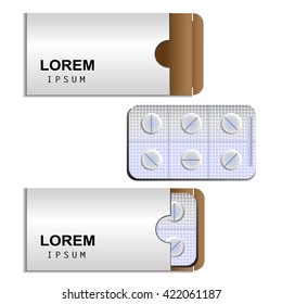 White Paper Box and Tablet Pills in Blister Pack Isolated Vector. 3D Illustration